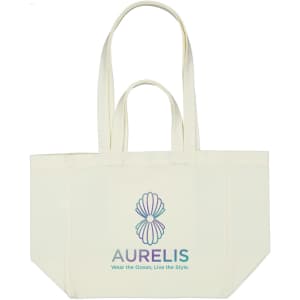 A light cream canvas bag with a colourful logo in the centre and two sturdy handles.