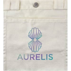 A cream canvas bag featuring a decorative logo in pastel colours on the front.