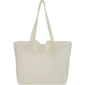 A spacious cream canvas bag with long handles and a simple design. Features a logo on the side.