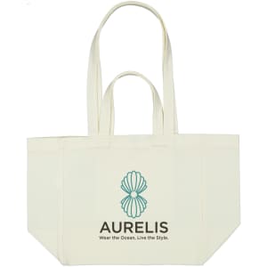 A cream tote bag with two handles, featuring a logo design on one side.