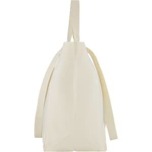 A cream canvas bag with sturdy straps and a minimalist design, featuring a logo on one side.