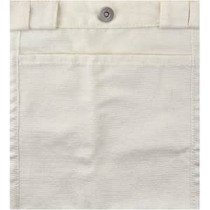 A cream-coloured canvas bag featuring a front pocket and a metal snap closure. It has a logo on it.