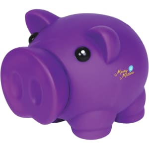 A purple piglet coin bank with black eyes and a smooth finish, featuring a logo on the side.