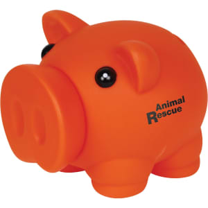 An orange piglet coin bank with large black eyes and a rounded shape, featuring a logo.