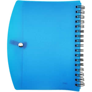 A blue spiral notebook with a cover and a button closure, featuring black spiral binding.