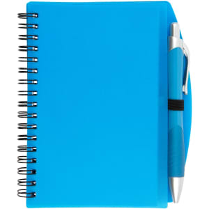 A blue Scribe Spiral Notebook accompanied by a matching pen, designed for office and business use.