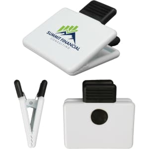 A white magnetic clip with a black grip, featuring a logo on one side, suitable for office use.