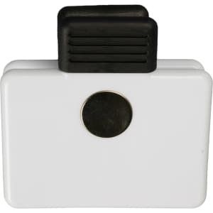A Crest Magnetic Clip in white with a black grip and a metal magnet on the back.