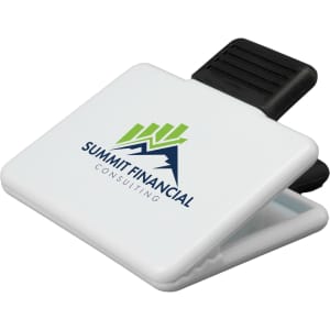 A magnetic clip featuring a white body with a black grip and a logo in green and blue for Summit Financial Consulting.