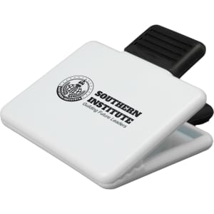 A white magnetic clip with a black clip and the logo of Southern Institute, featuring the text "Guiding Future Leaders."