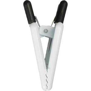 A white Crest Magnetic Clip with black rubber grips, designed for holding papers or notes.