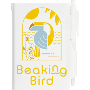 A pocket notebook featuring a colorful bird design and the text "Beaking Bird," accompanied by a pen.