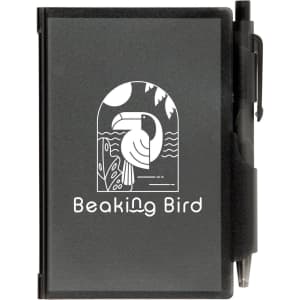 A black Odyssey Pocket Notebook featuring a design with "Beaking Bird" and accompanied by a pen attached to the cover.