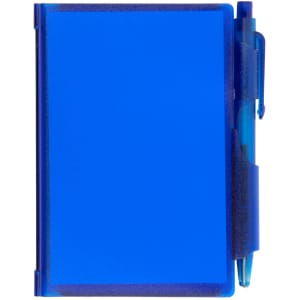 A blue pocket notebook with a pen attached. The notebook features a simple cover design and is compact in size.