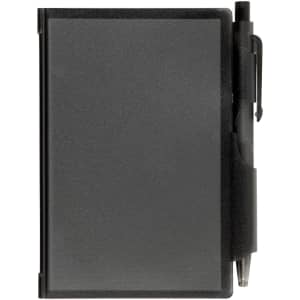 A black pocket notebook with a pen attached, featuring a sleek design, suitable for office or business use.