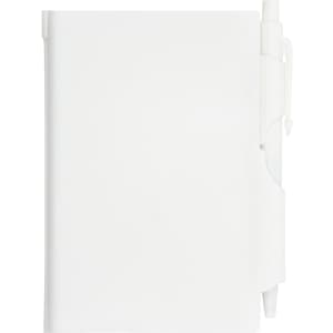 A white pocket notebook with a pen attached. The notebook features a cover and an integrated pen holder for convenience.