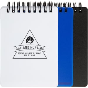 A set of three pocket notebooks in white, blue, and black, featuring a logo on the front cover.