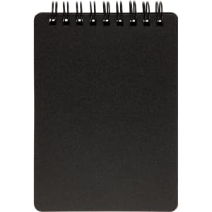 A black spiral-bound notebook with a smooth textured cover and blank pages.