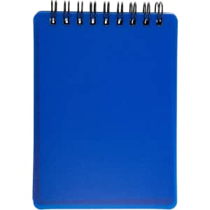 A blue, spiral-bound pocket notebook with a smooth cover and blank pages.