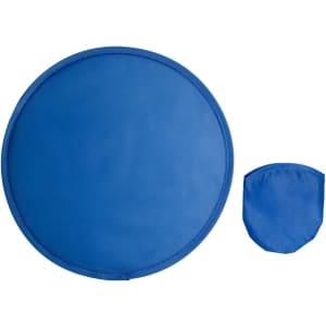A round blue frisbee alongside a small pouch for convenient storage.
