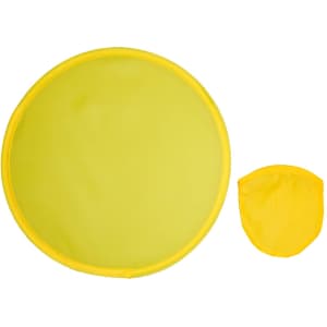 A round, yellow foldable disc with a mesh center, accompanied by a small matching pouch for storage.