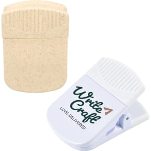 A white and beige Croc Magnetic Clip featuring a logo on the white clip and a textured beige design.