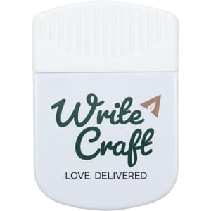 A white magnetic clip featuring a logo and text, designed for holding papers or notes securely.