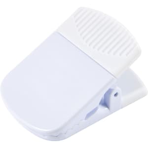 A white magnetic clip with a textured grip and a branded logo. It features a strong spring mechanism for secure holding.
