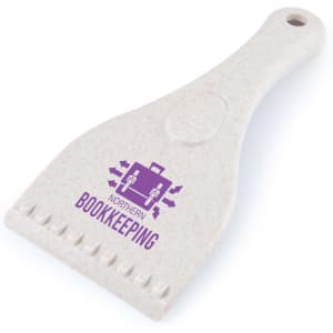 A white eco-friendly ice scraper with a textured grip and a logo on the surface.