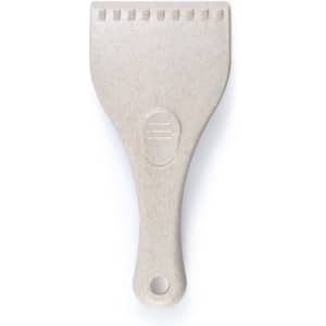 A light-colored eco-friendly ice scraper with a rounded handle and textured scraping edge. It features a logo.