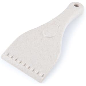 A light beige eco-friendly ice scraper with a textured grip and a hanging hole for easy storage.