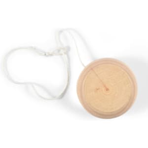 A wooden yo-yo in a light natural colour, featuring a string and a smooth, rounded shape.
