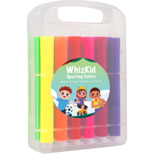 A clear storage case containing eight felt tip pens in vibrant colors: yellow, orange, pink, and purple.