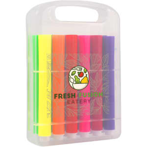 A pack of felt tip pens in bright green, yellow, orange, pink, and purple, housed in a clear case with a handle.