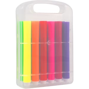 A case of felt tip pens in vibrant colors, including green, yellow, orange, pink, and purple, with a handle.
