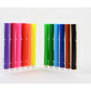 A collection of felt tip pens in vibrant colors, including purple, pink, yellow, green, blue, orange, brown, and black, stored in a clear case.