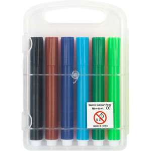 A set of felt tip pens in black, brown, blue, green, and teal, packaged in a clear plastic case with a logo.