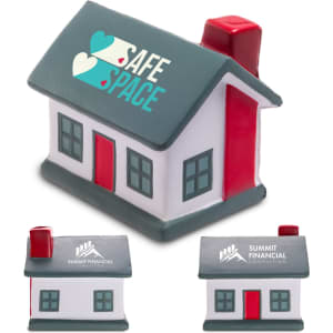 A stress reliever in the shape of a house with a grey roof, red door, and chimney. It features logos on its sides.