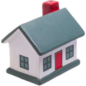 A mini stress-relief toy shaped like a house, featuring a red door and chimney with a green roof.