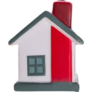 A house-shaped stress reliever with a red chimney and window details.
