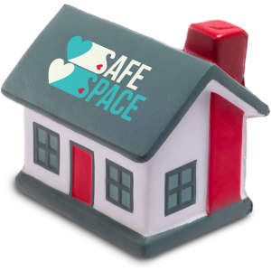 A stress reliever in the shape of a house, featuring a red chimney and blue roof with a logo.