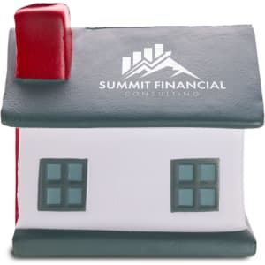 A house-shaped stress reliever in grey, white, and red, featuring a logo on the front.