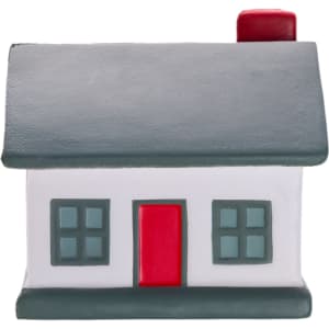 A stress reliever shaped like a house, featuring gray, white, and red colors. It has a chimney and door details.
