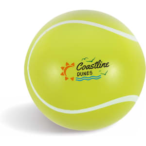 A bright yellow tennis ball with a logo, featuring a smooth surface and a classic tennis design.