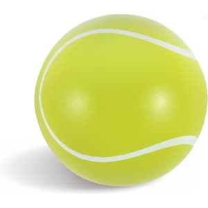 A bright yellow tennis ball with white stripes, featuring a logo on the surface.