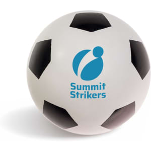 A white soccer ball with black patches and a logo, designed for leisure and outdoor sports.