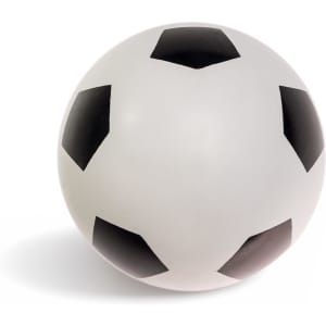 A white soccer ball with black pentagonal patches and a logo. Ideal for leisure and outdoor activities.