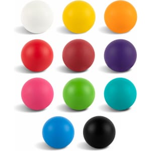 A collection of twelve solid-coloured balls in white, yellow, orange, red, brown, purple, pink, green, teal, blue, and black.