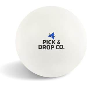 A white bouncy ball featuring a logo. Designed for fun and games.