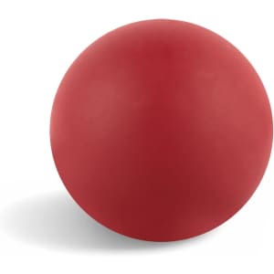 A red ball with a smooth surface, featuring a logo, designed for fun and games.